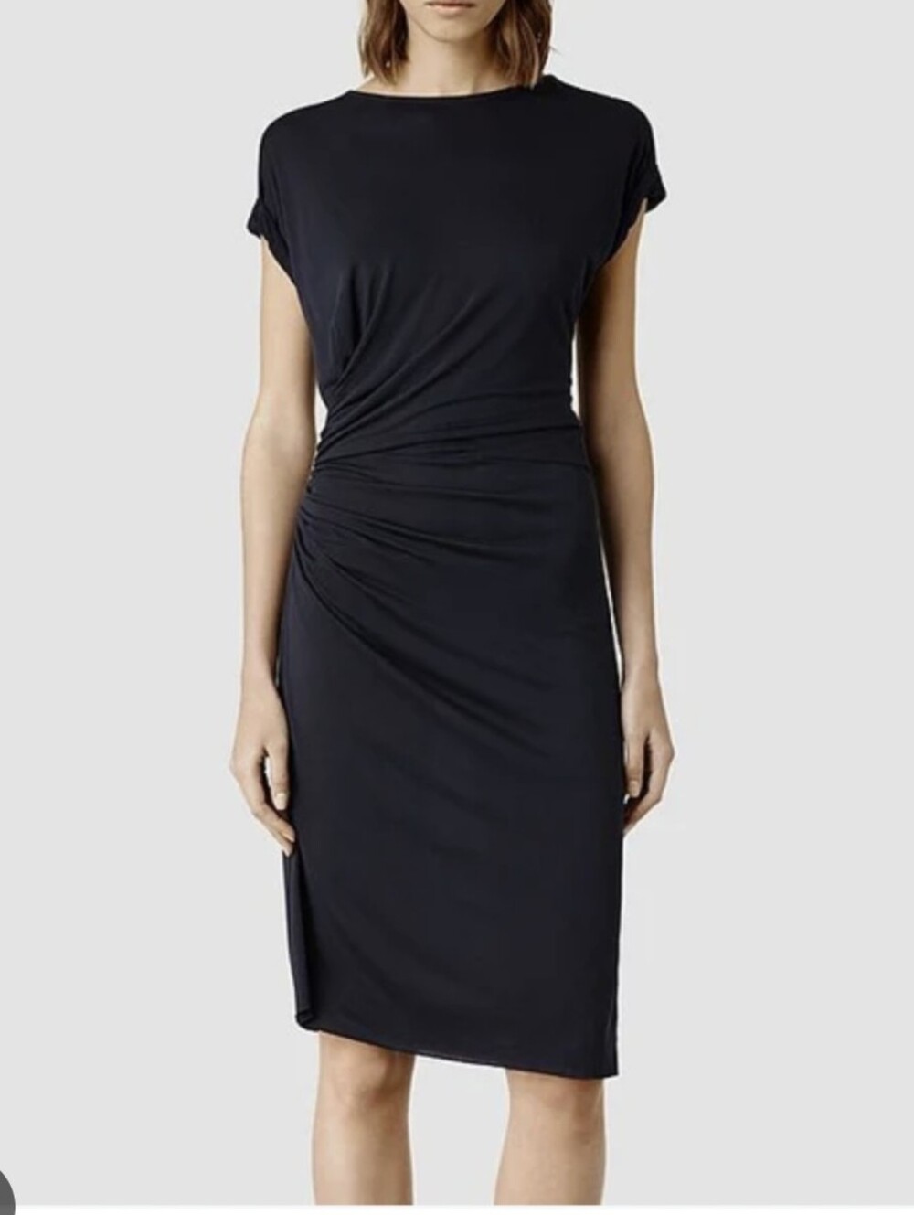 AllSaints Alix Draped Ruched Midi Jersey Dress Black US 6 UK 10